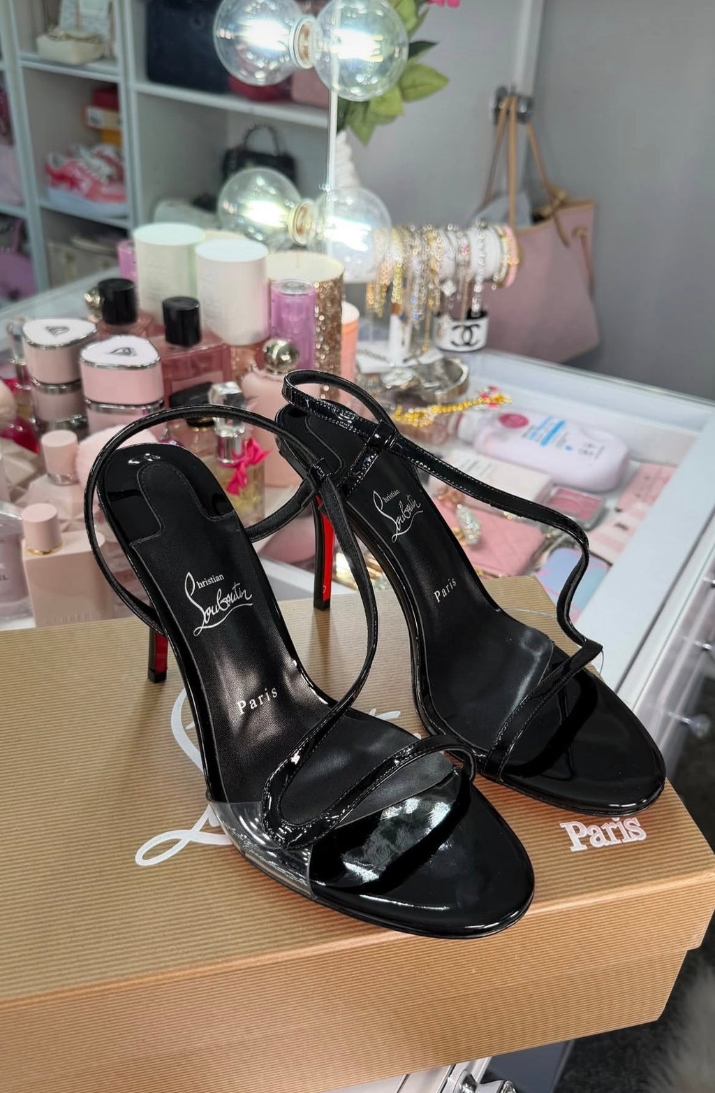 Black Patent Strappy Stiletto Heels with Red Soles