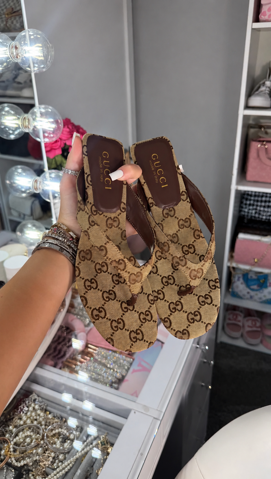 Brown Monogram Thong Sandals with Kitten Heels