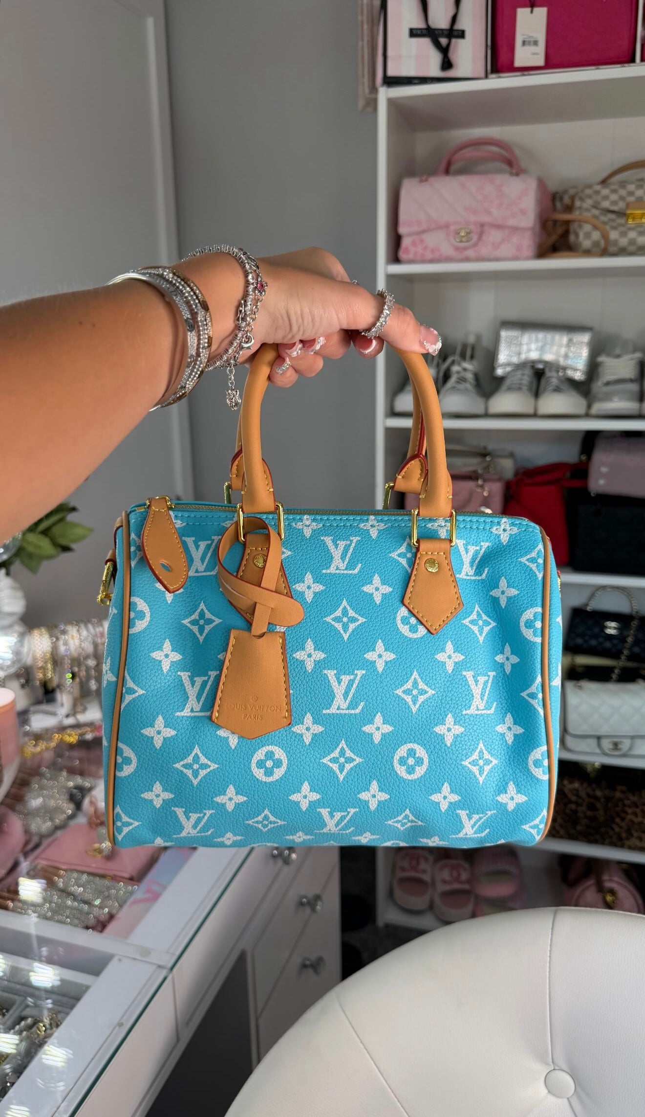 Blue L V Monogram Boston Satchel Bag | Luxury Top Handle Designer-Inspired Handbag