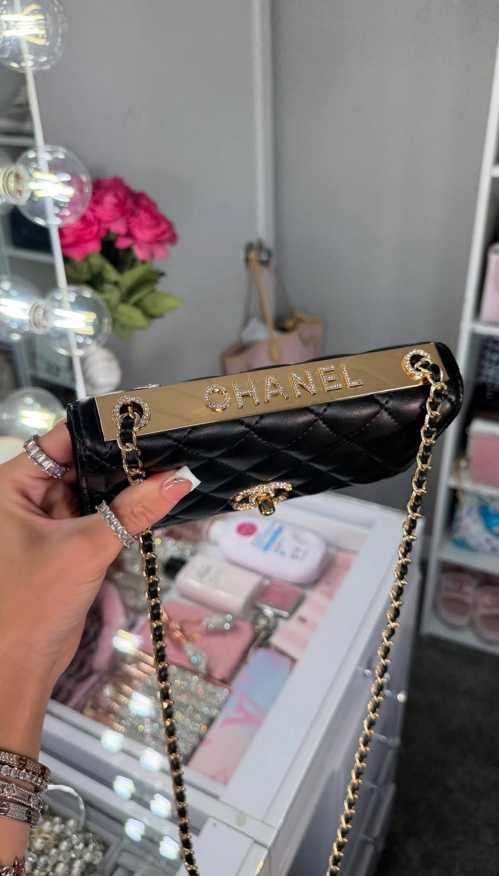 Quilted Black Shoulder Bag – Gold Chain & Crystal Detail