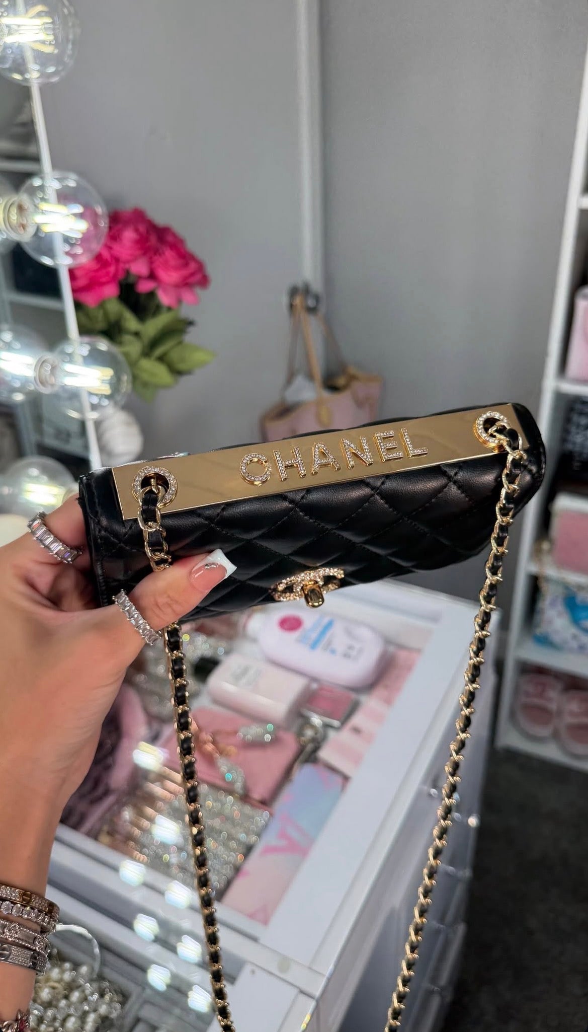 Quilted Black Shoulder Bag – Gold Chain & Crystal Detail