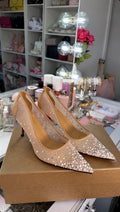 Nude Rhinestone Pointed-Toe Stiletto Heels with Red Soles