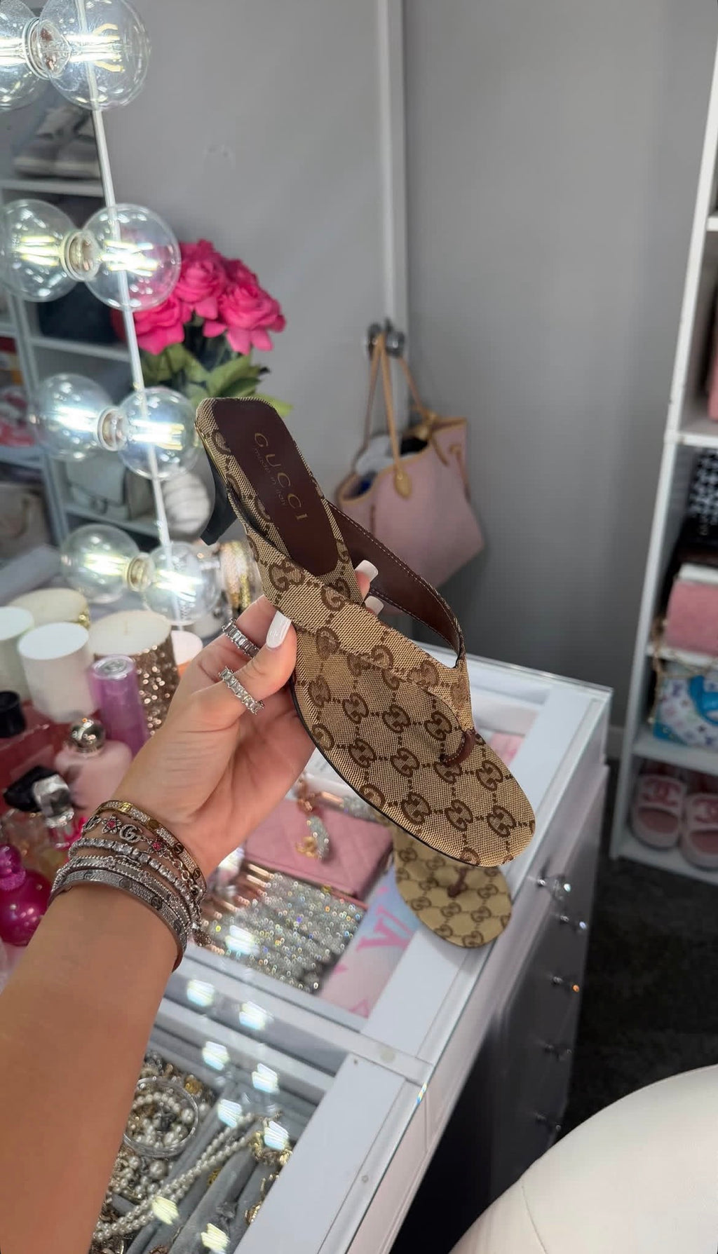 Brown Monogram Thong Sandals with Kitten Heels