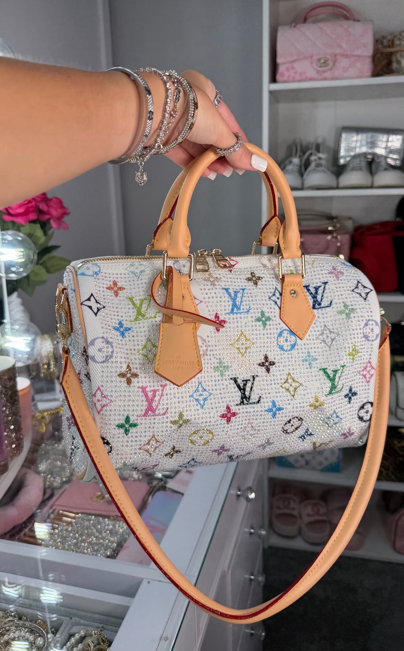 White Multicolor L V Crystal Monogram Boston Bag | Rhinestone Designer-Inspired Satchel
