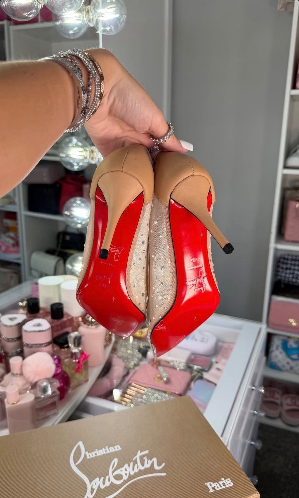Nude Rhinestone Pointed-Toe Stiletto Heels with Red Soles