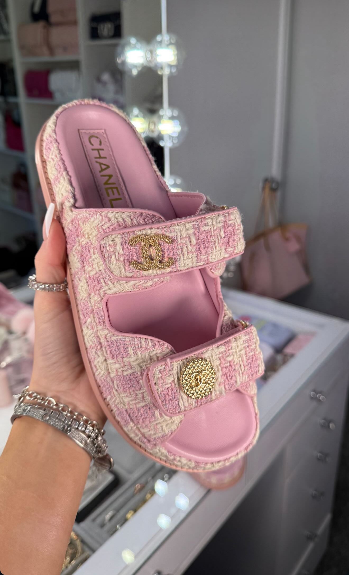 Pink Tweed Luxury Slides