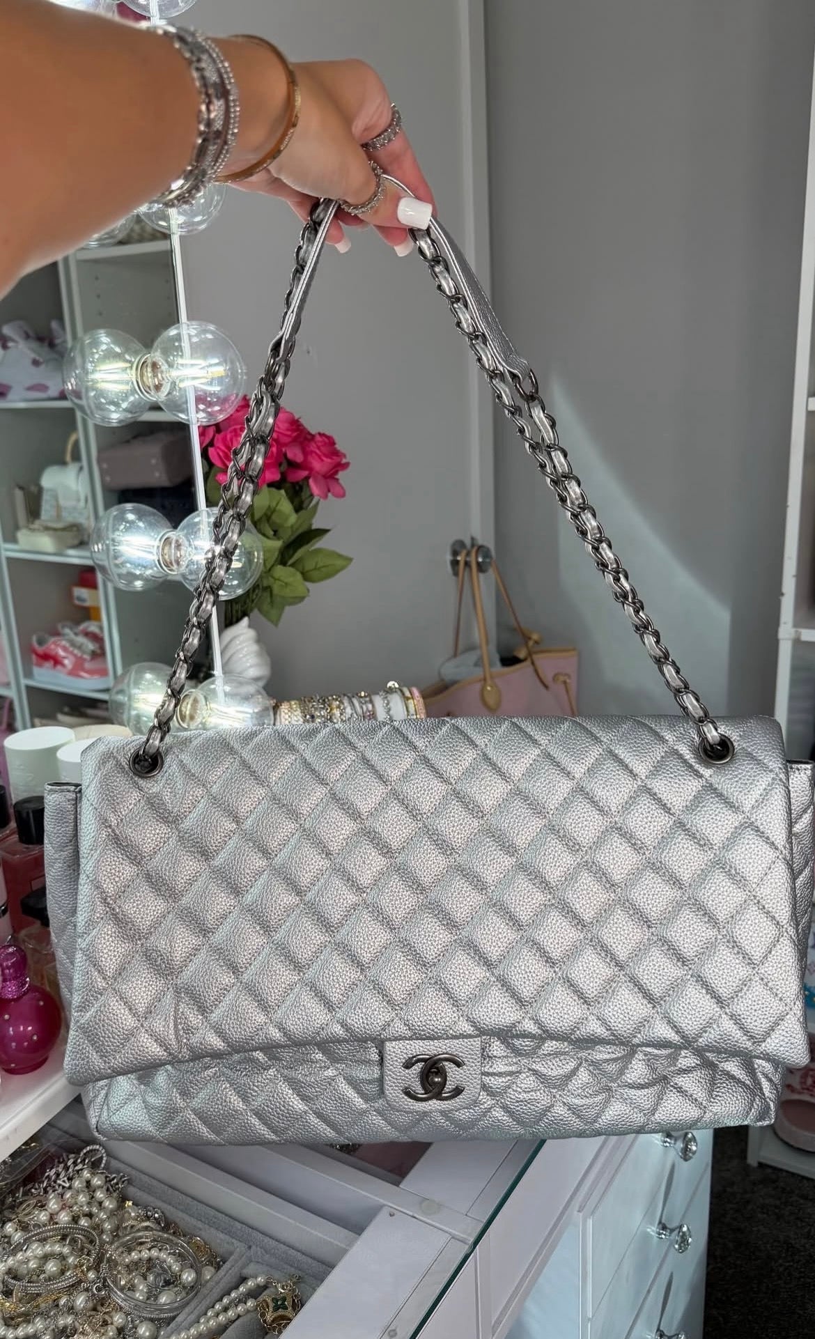 Silver Quilted Chain Shoulder Bag