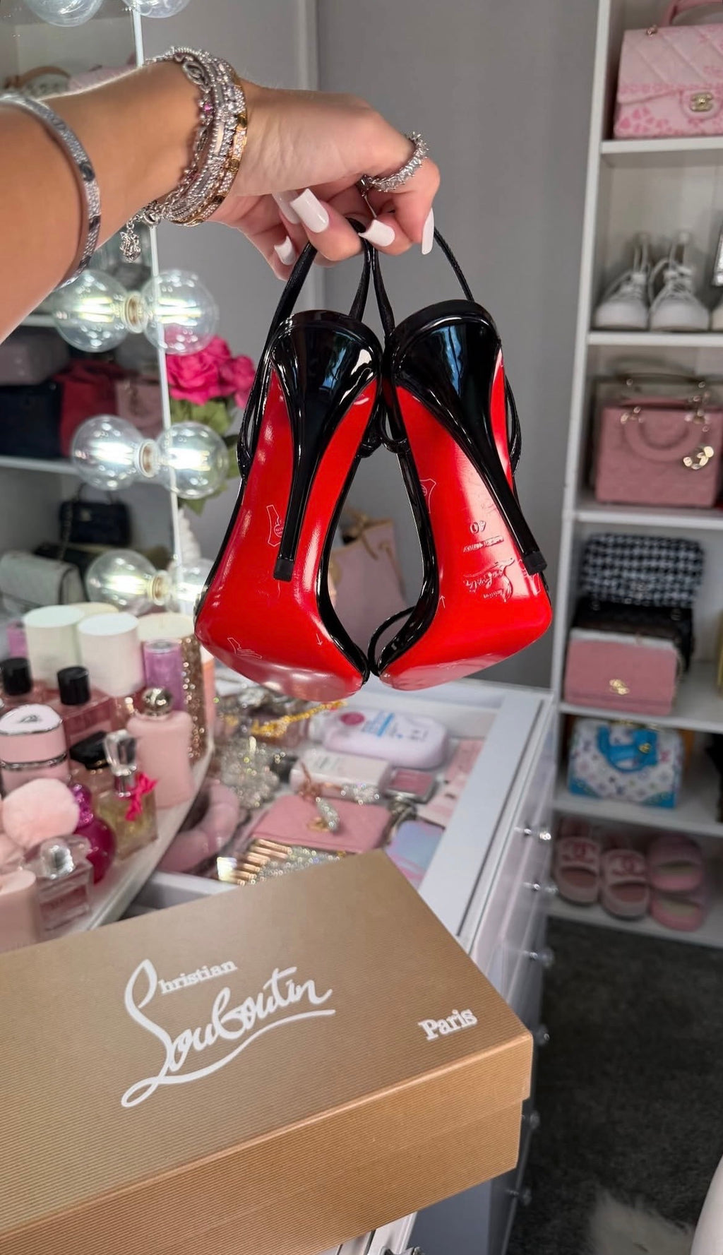 Black Patent Strappy Stiletto Heels with Red Soles