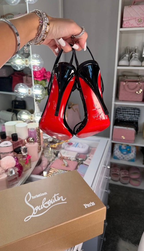 Black Patent Strappy Stiletto Heels with Red Soles