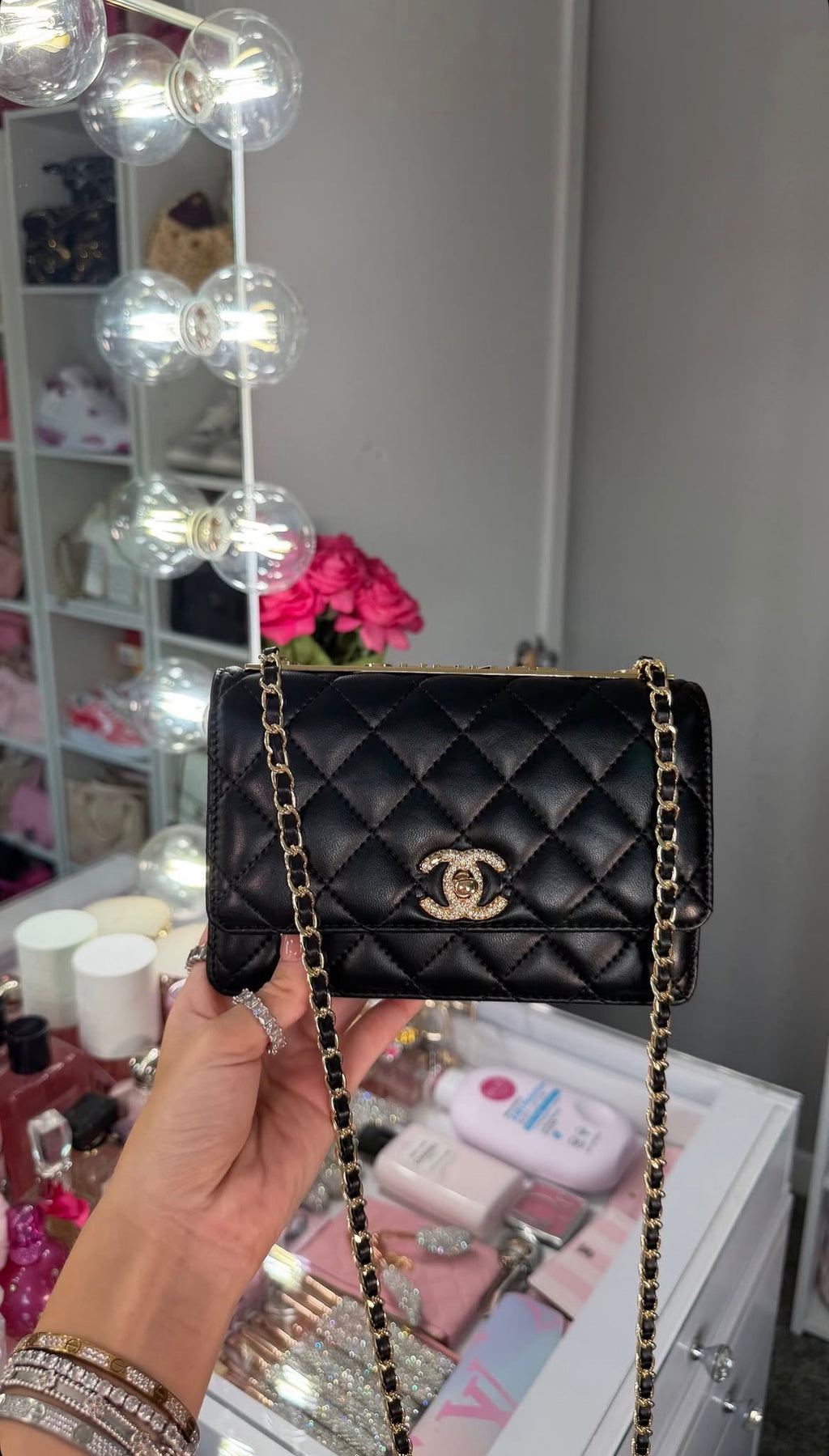 Quilted Black Shoulder Bag – Gold Chain & Crystal Detail