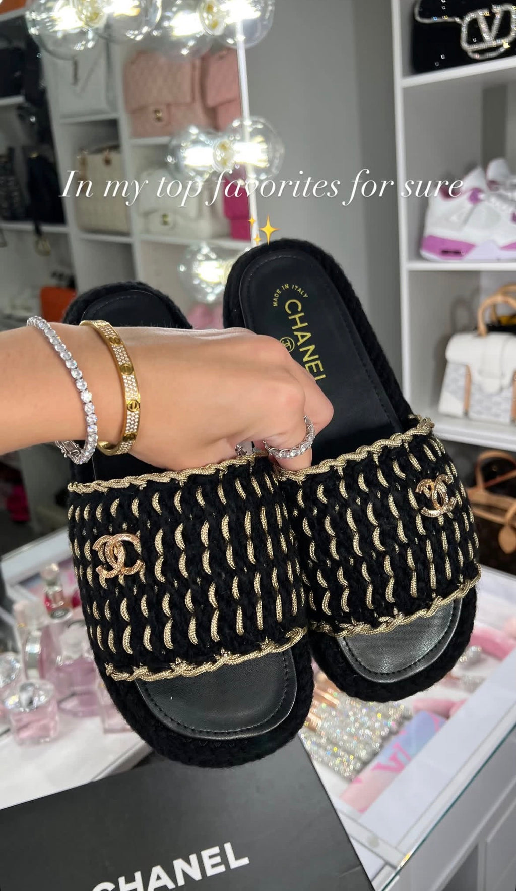 Chanel Black & Gold Crochet Slide Sandals – Luxury Designer Summer Slides