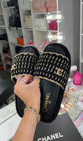 Chanel Black & Gold Crochet Slide Sandals – Luxury Designer Summer Slides