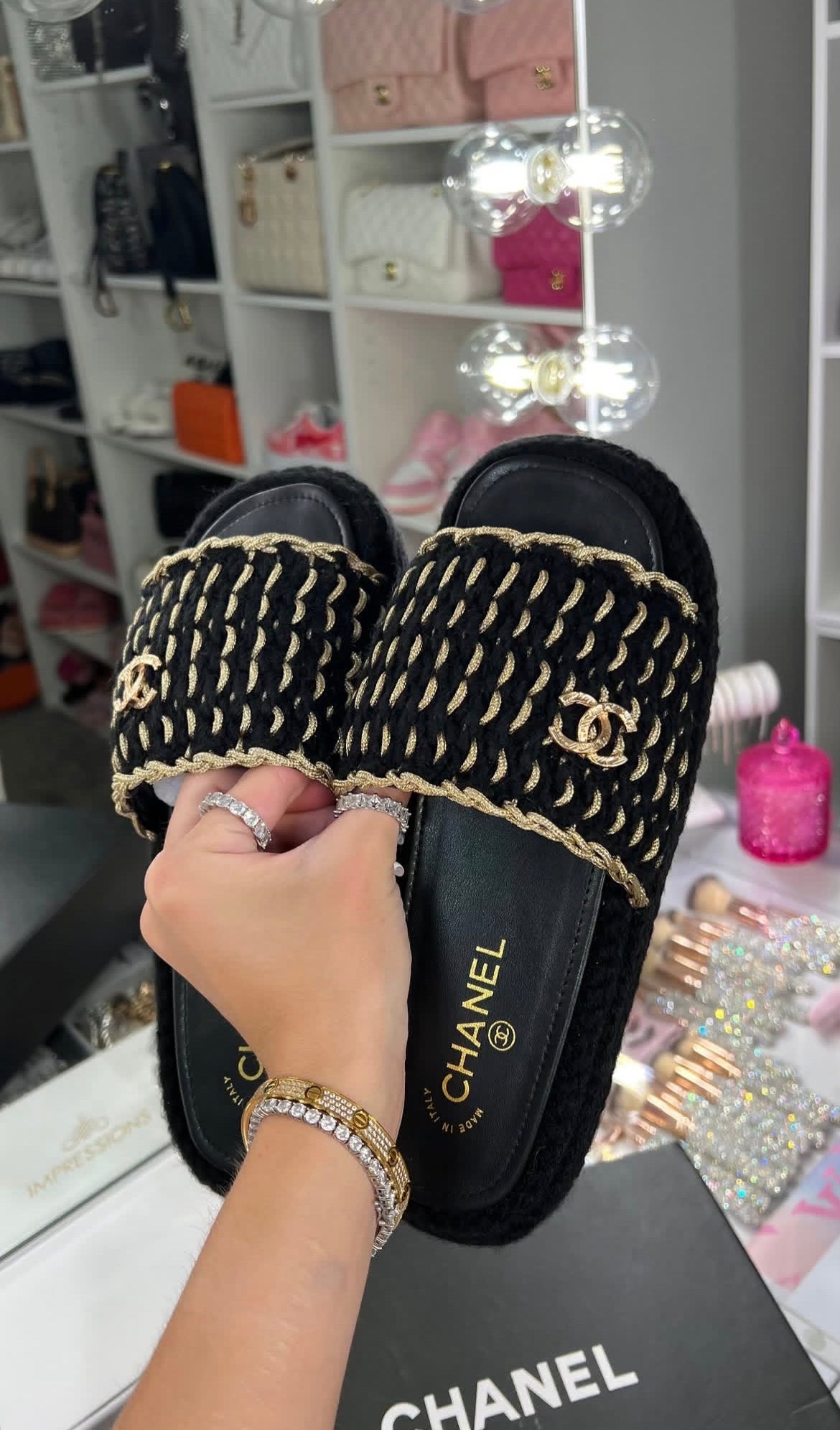Chanel Black & Gold Crochet Slide Sandals – Luxury Designer Summer Slides