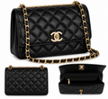 Quilted Black Shoulder Bag – Gold Chain & Crystal Detail