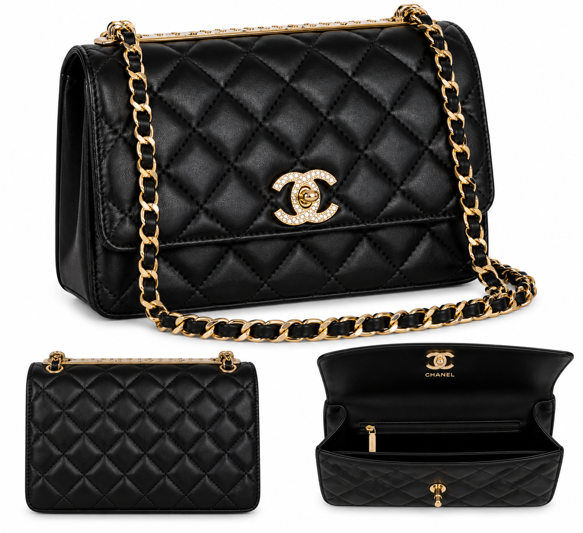 Quilted Black Shoulder Bag – Gold Chain & Crystal Detail