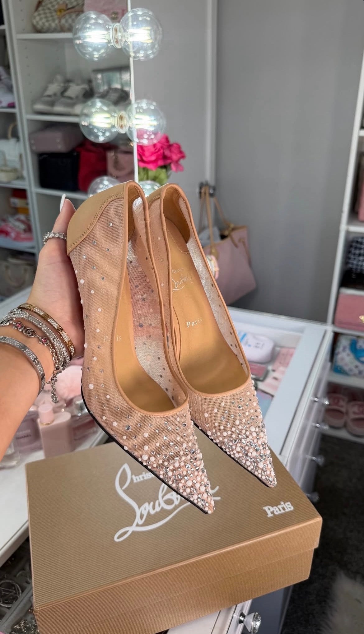 Nude Rhinestone Pointed-Toe Stiletto Heels with Red Soles