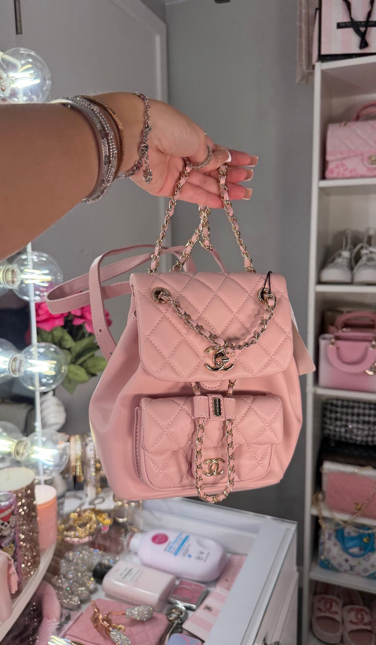 Pink Quilted Backpack Gold-Tone Chain Mini Backpack