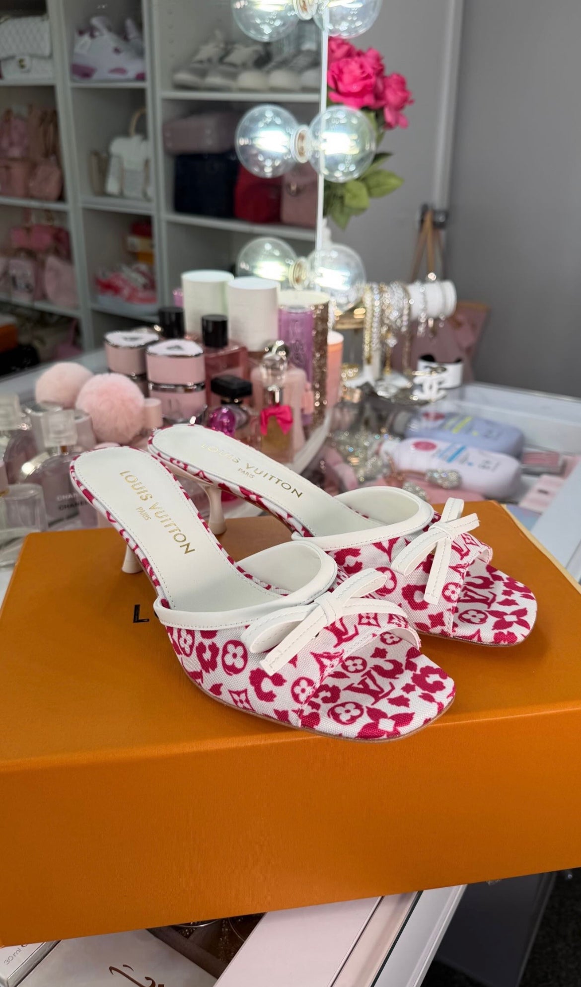 L V Inspired Pink Monogram Bow Heel Sandals