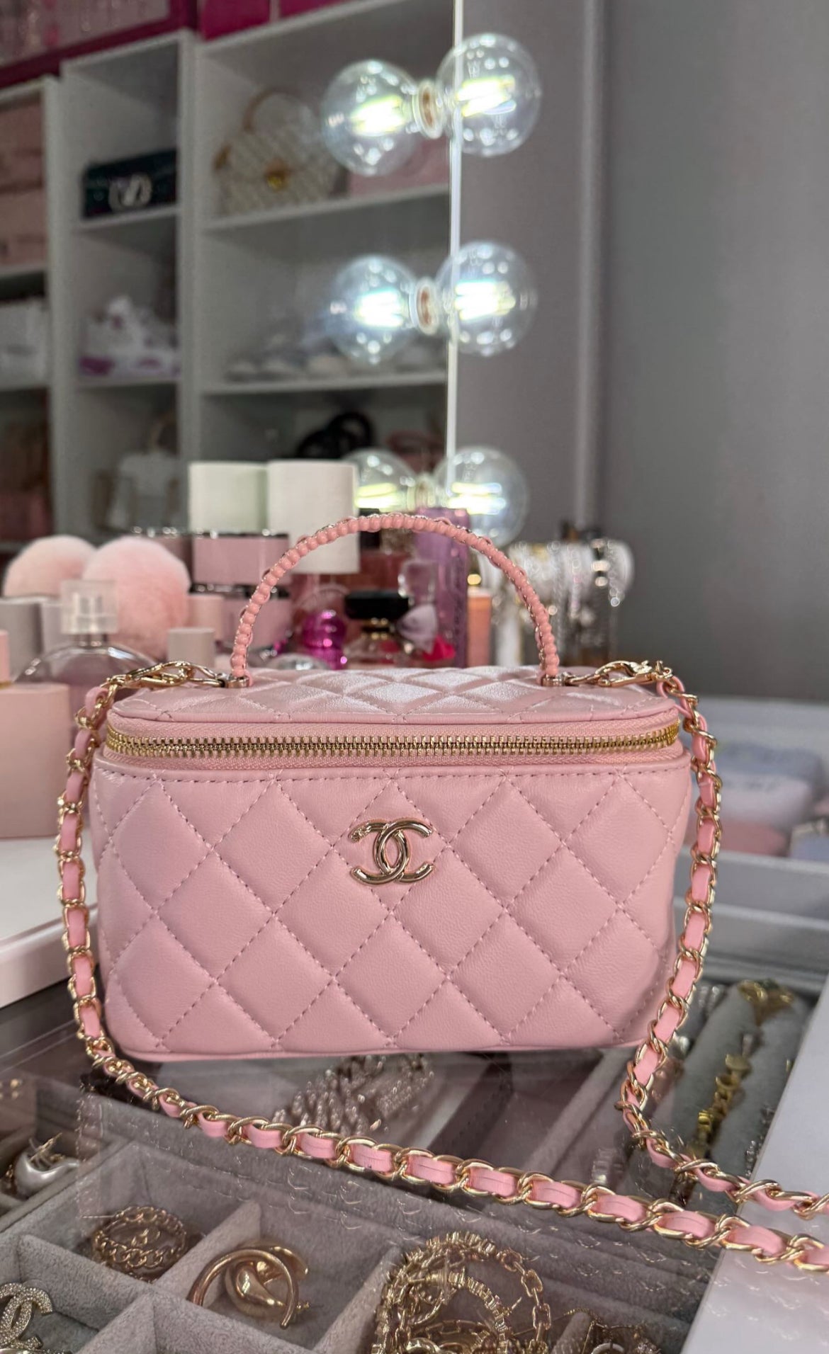 Designer Inspired Pink Quilted Vanity Case Crossbody Bag