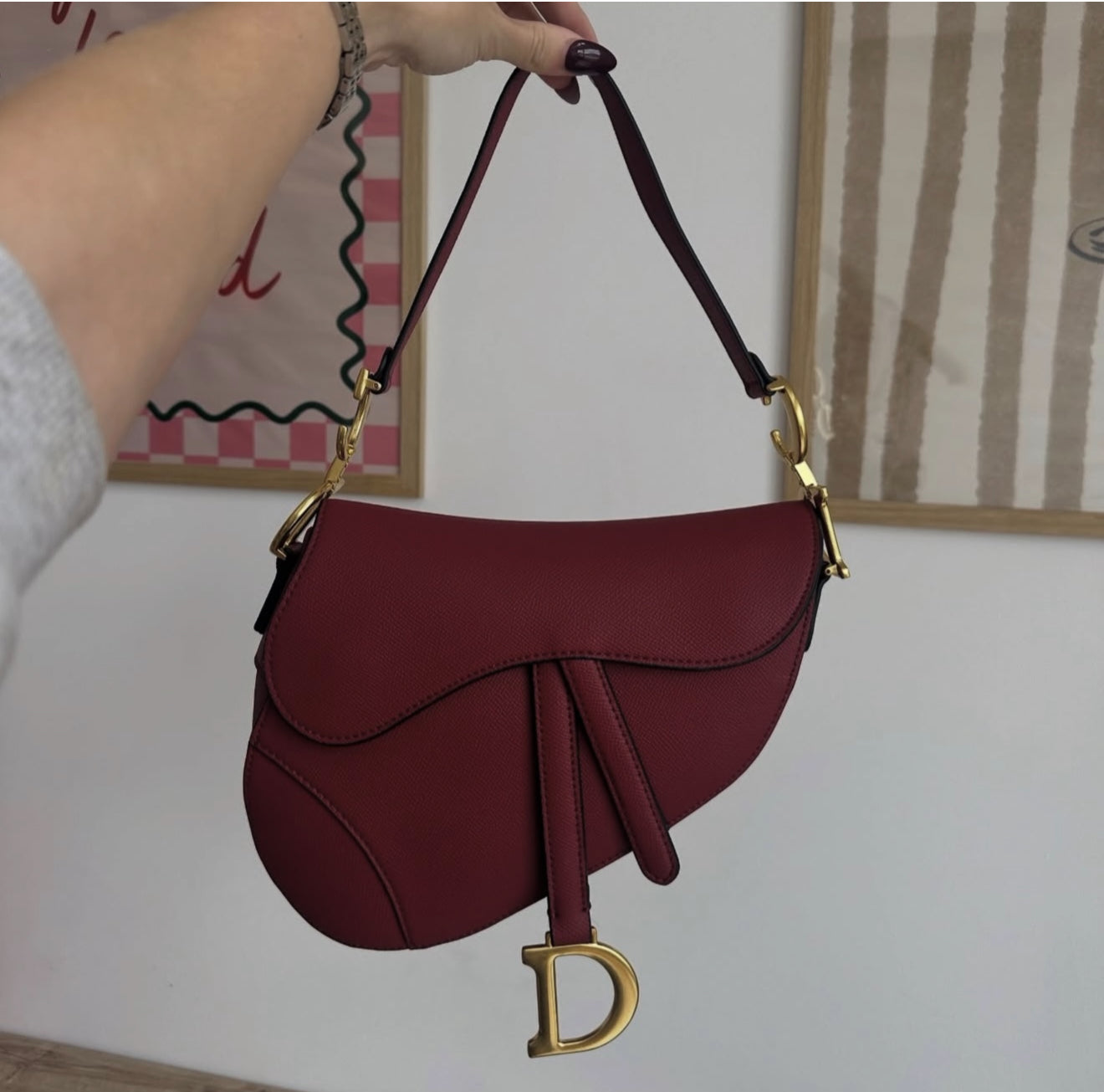 D I O Saddle Bag Burgundy Leather with Gold Hardware