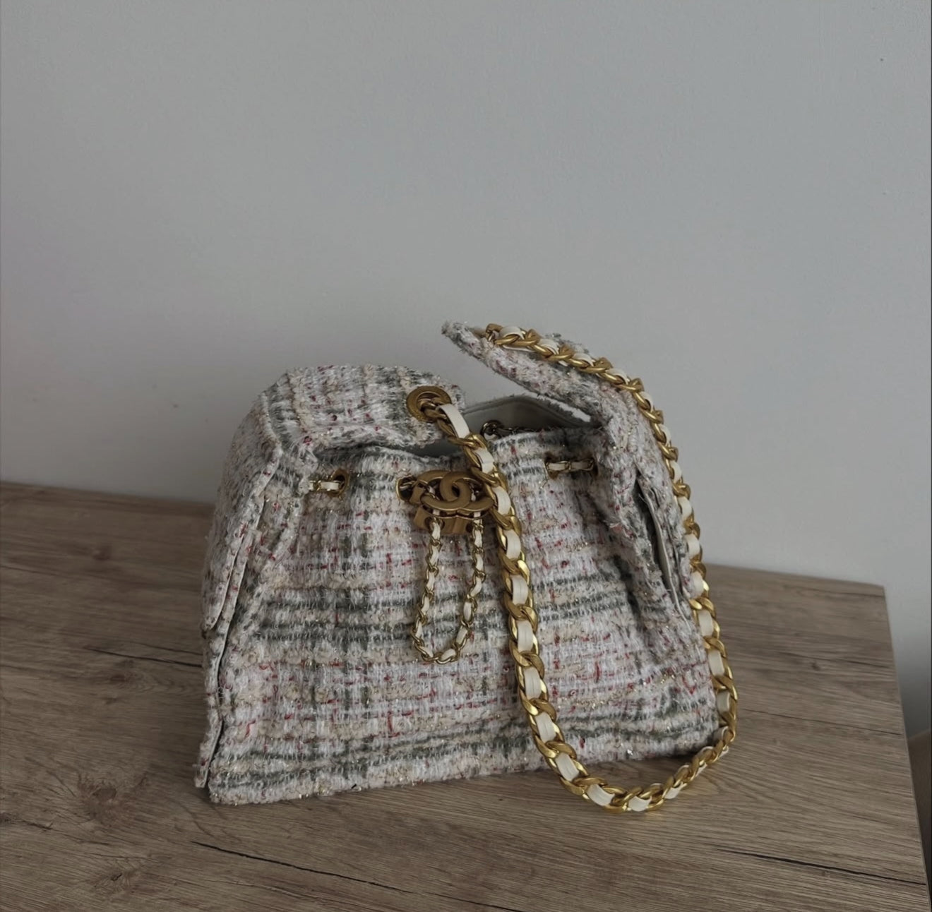 CHAN Drawstring Chain Bag - Ivory Multicolor Bouclé