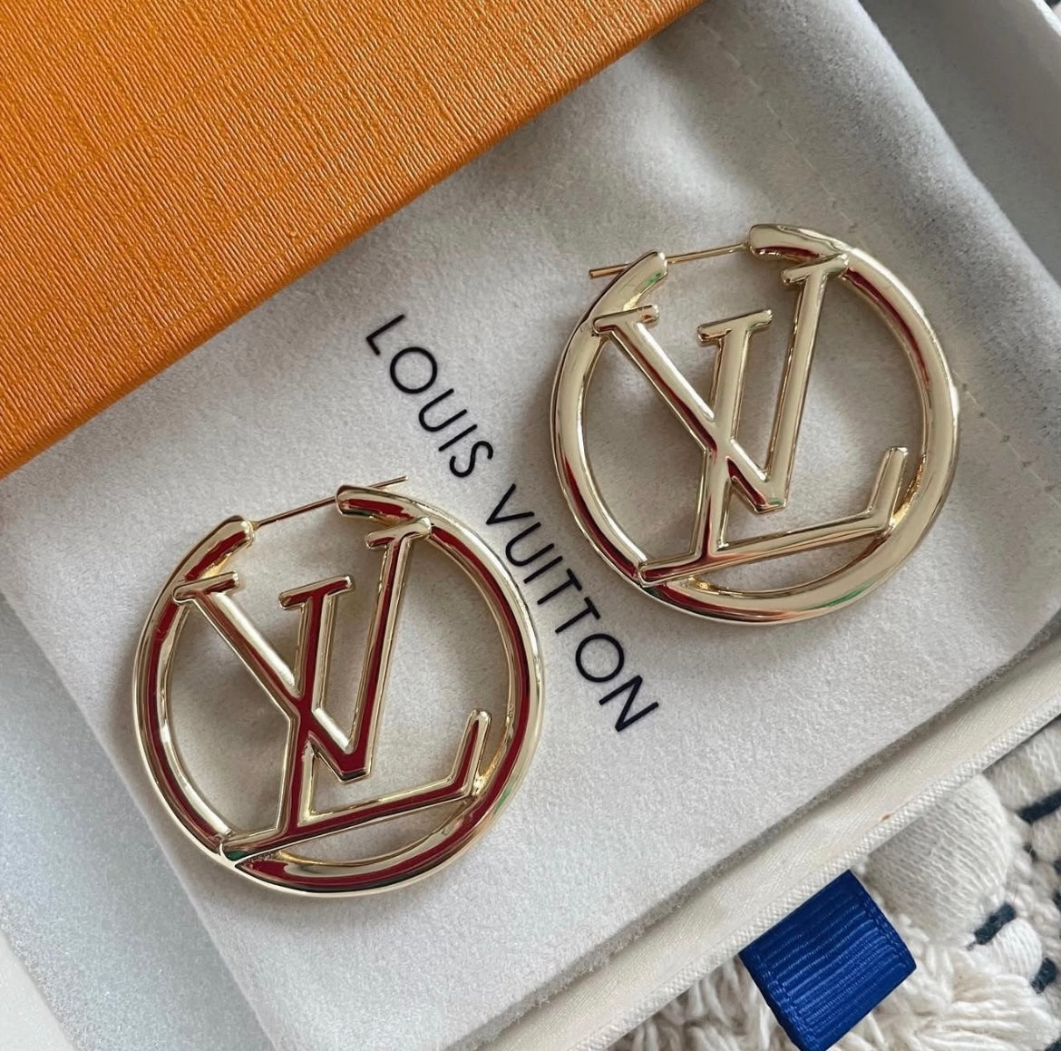 L V Monogram Gold Hoop Earrings