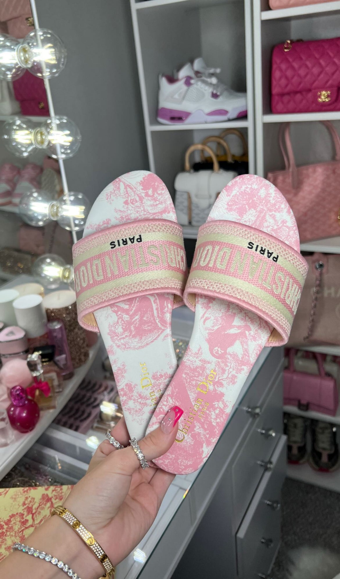 C D Pink Toile de Jouy Slide Sandals