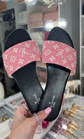 L V Pink Monogram Slide Sandals