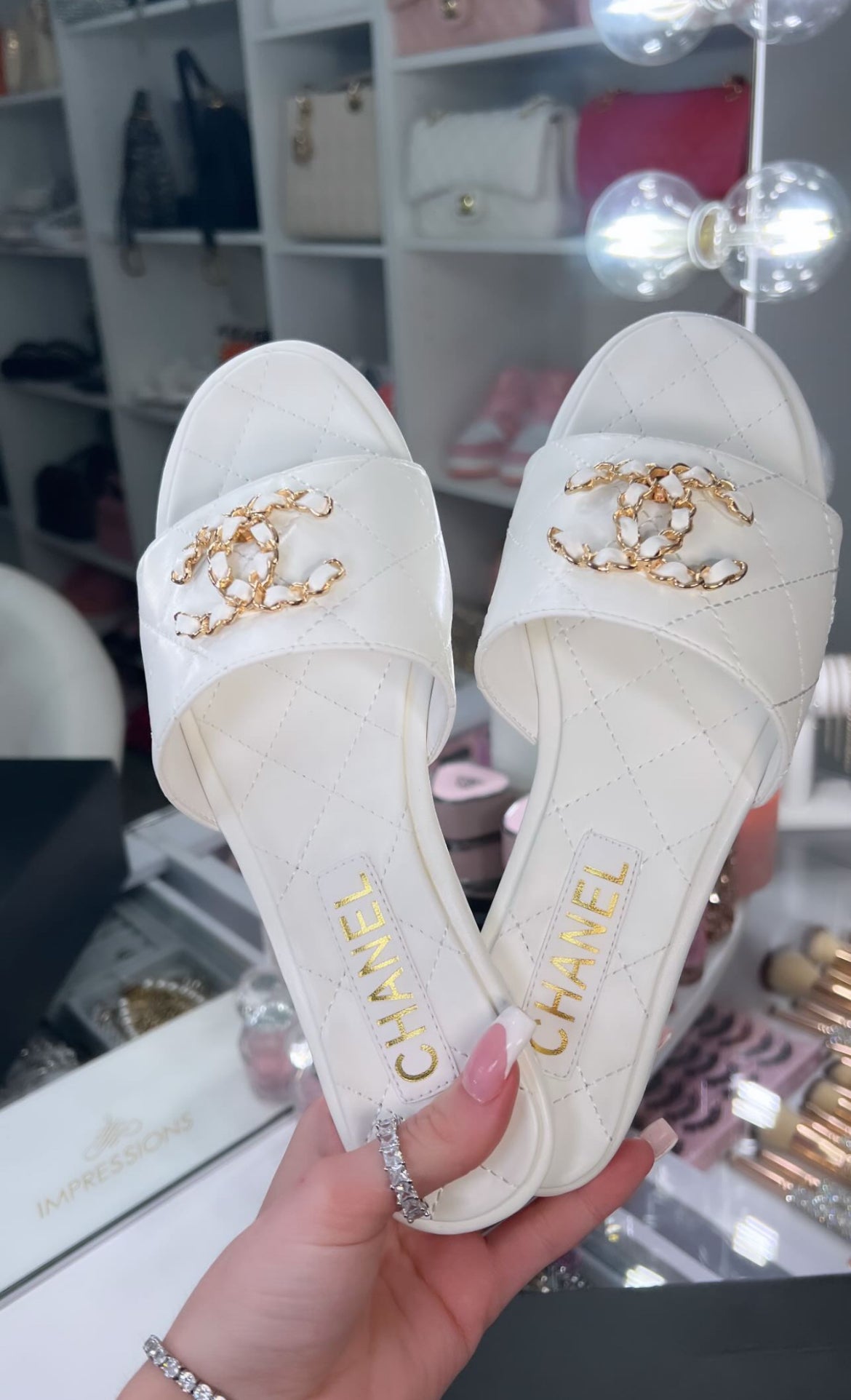 Luxury Inspired White Quilted CC Slide Sandals