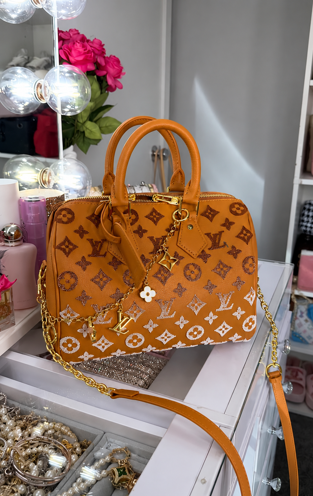 Orange L V Monogram Boston Satchel Bag with Gold Charm | Luxury Designer-Inspired Handbag