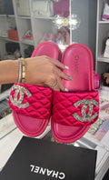 Women’s Hot Pink Crystal Quilted Slide Sandals