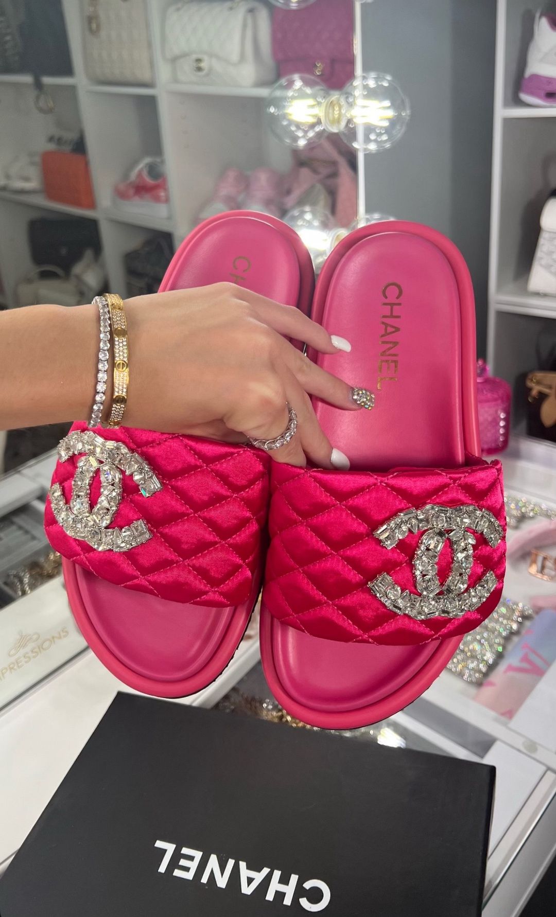 Women’s Hot Pink Crystal Quilted Slide Sandals